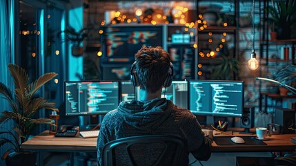 A coder working on a game development project, with character models and game environments displayed alongside the code.