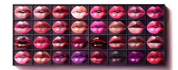 Colorful lipstick palette arranged in a grid showcasing various vibrant shades on lips, perfect for makeup enthusiasts and beauty professionals.