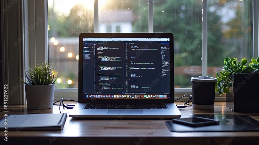 Aufkleber a photo of a coder's desk setup in a minimalist style, with a sleek laptop, a plant, and a notebook.