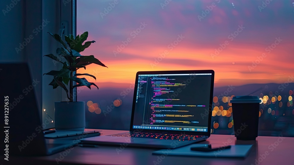 Aufkleber a photo of a coder's desk setup in a minimalist style, with a sleek laptop, a plant, and a notebook.