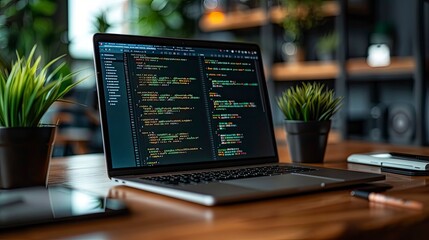 A photo of a coder's desk setup in a minimalist style, with a sleek laptop, a plant, and a notebook.