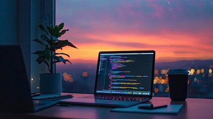 A photo of a coder's desk setup in a minimalist style, with a sleek laptop, a plant, and a notebook.