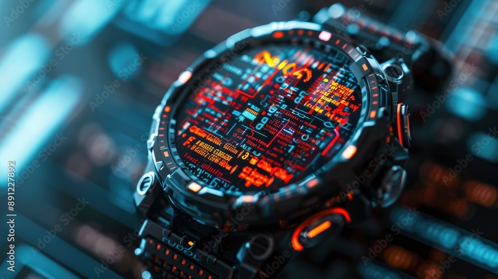 Poster a close-up of a smartwatch displaying code, symbolizing the rise of wearable technology in coding.