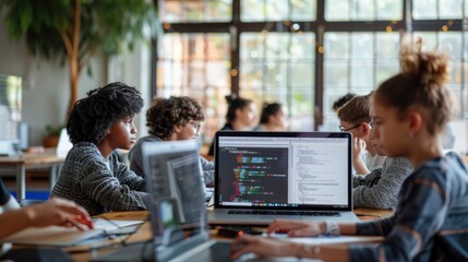 An image of a coding class in progress, with students of various ages and backgrounds learning to code together.