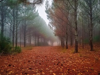 Obraz premium Mystical Pine Forest Blanketed in Fog and Autumn Leaves - National Geographic Quality Nature Photography