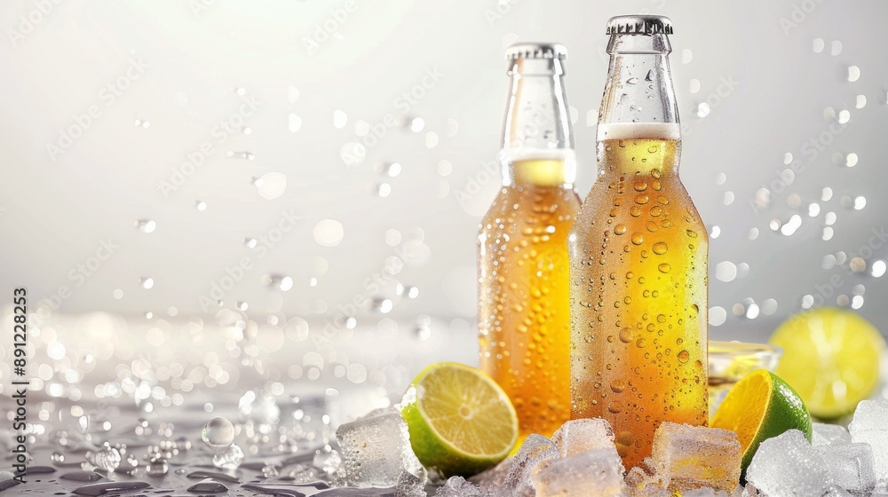 Poster two bottles of beer with ice and lime slices on a table