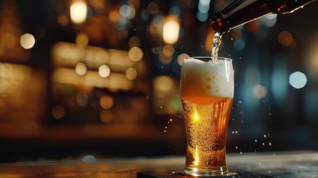 A glass of beer is poured into a glass