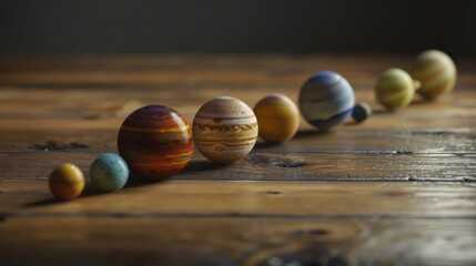 Naklejka premium A row of small, colorful balls arranged on a wooden table