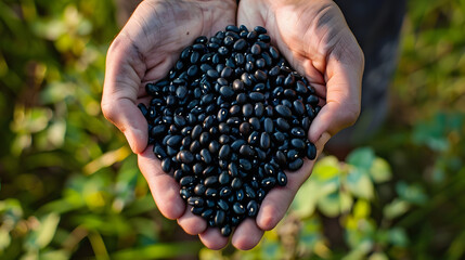 Close-up of hands holding a handful of freshly picked black beans against a natural green background. Ideal for themes related to agriculture, gardening, and organic produce.