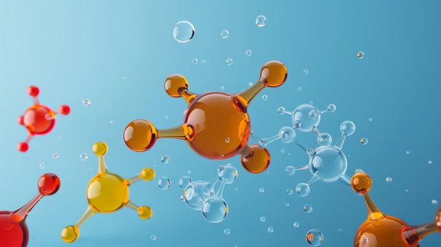 A collection of colorful molecules are floating in the air