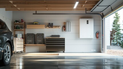 Modern Garage Interior with Electric Car and Storage