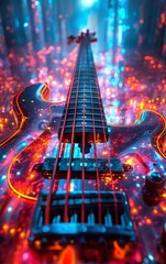Neon Illuminated Bass Guitar in a Vibrant and Energetic Scene
