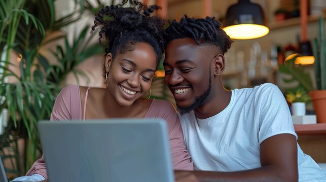 Young couple shopping online with a laptop, smiling and discussing