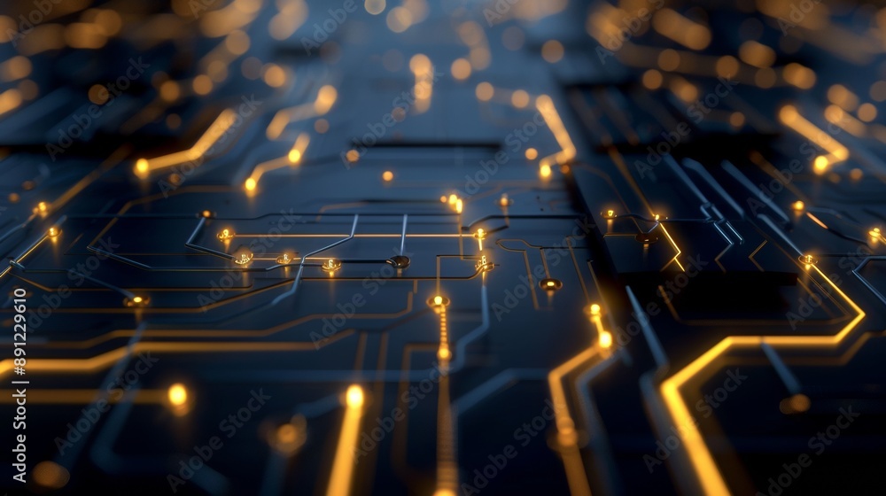 Poster a computer chip with a lot of yellow lines and dots