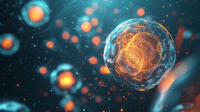 A cluster of orange and blue cells are floating in a blue background