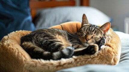 A cat relaxing in a heated pet bed controlled by a smartphone.