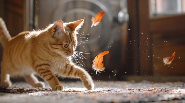 Fototapeta A cat playing with an automated feather toy.