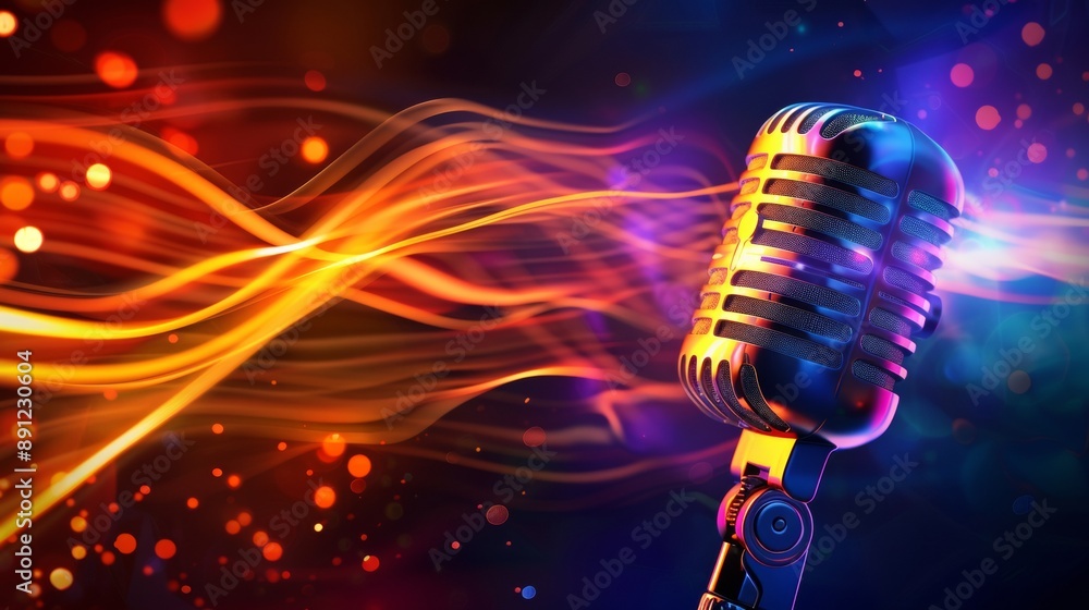 Poster a microphone is on a colorful background with a lot of sparkles