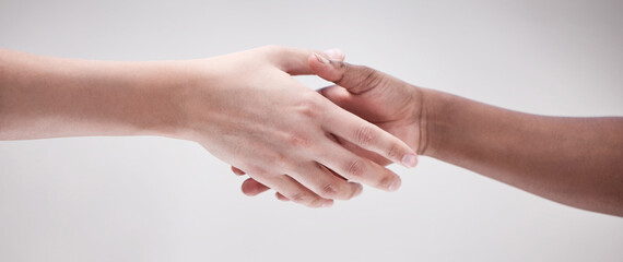 Obraz premium Solidarity, agreement and people shaking hands for diversity, collaboration or respect for social support. Partnership, friends and handshake for peace deal, community connection and introduction.
