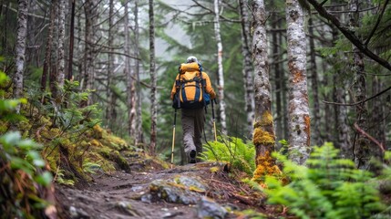 A hiker using trekking poles to navigate a steep forest trail.