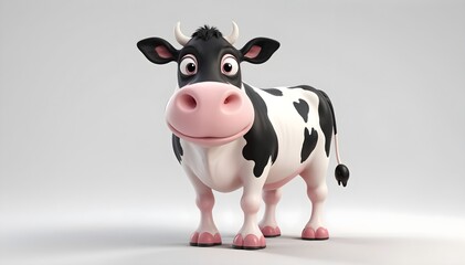 A cartoon-style cow with a black and white coat, large expressive eyes, and a big pink nose. The cow has small horns and a friendly appearance, standing on a plain light background