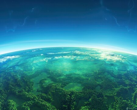 panoramic view of crystal-clear sky with glowing ozone layer protecting flourishing rainforest The vibrant greens contrast with the brilliant blue symbolizing environmental harmony