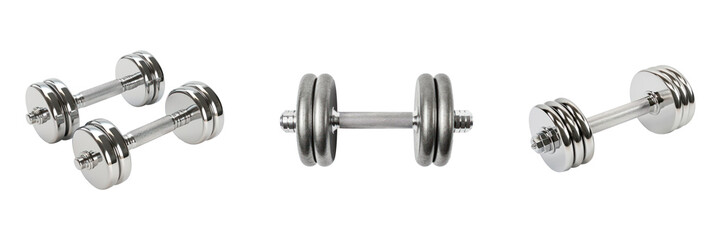 Fototapeta premium Pair of Metal Dumbbells Set. Shiny Dumbbells for Weightlifting and Gym on Isolated Background