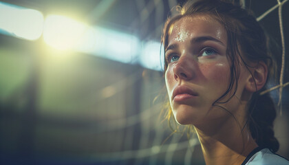 A professional volleyball player focused, tired, thinking, copy space, generative ai. 