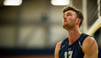 A professional volleyball player thinking, concentrated, copy space, Generative AI.