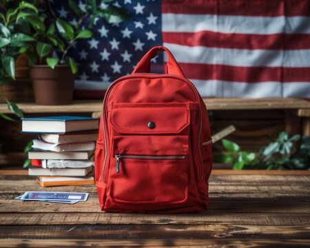 Students backpack with books, US flag backdrop, advertising banner for English courses, studying in the USA, immigration, green card, copy space