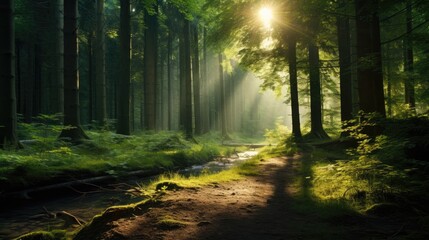 Fototapeta premium Sunbeams illuminate a forest path.