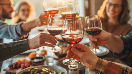 Fototapeta premium A group of friends raising their glasses in a toast at a dinner party, with a warm and joyful atmosphere, highlighting the celebration and camaraderie.