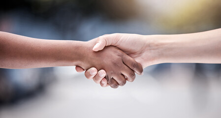 Solidarity, handshake and people in agreement for connection, collaboration or respect for social...