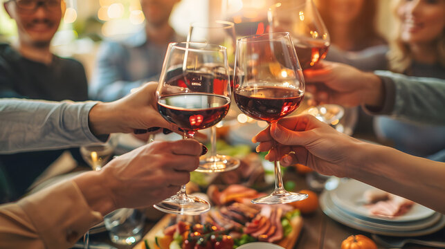 A group of friends raising their wine glasses in a toast during a meal, capturing a moment of celebration and togetherness, perfect for themes related to social gatherings and enjoyment.