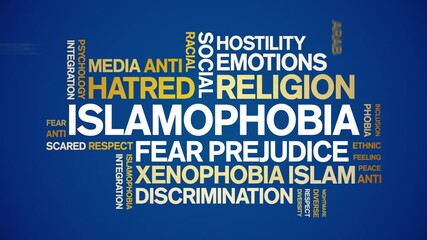 islamophobia animated word cloud;text design animation tag kinetic typography seamless loop.