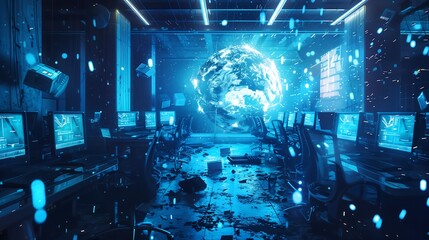 Computers blue screens, global internet network shutdown all over the world