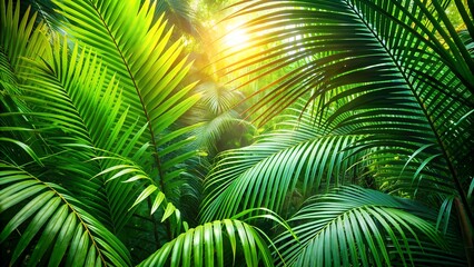 Fototapeta premium Sunlight illuminating lush green palm leaves in tropical jungle forest