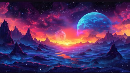 vector, illustration, Colorful Retro Sci Fi illustration with space landscape, alien planets and extraterrestrial surfaces, coloring page and cartoon game concept background