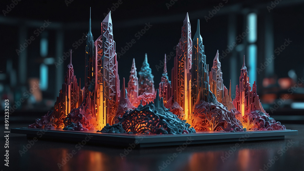 Poster detailed 3d-printed model of futuristic cityscape with illuminated geometric structures