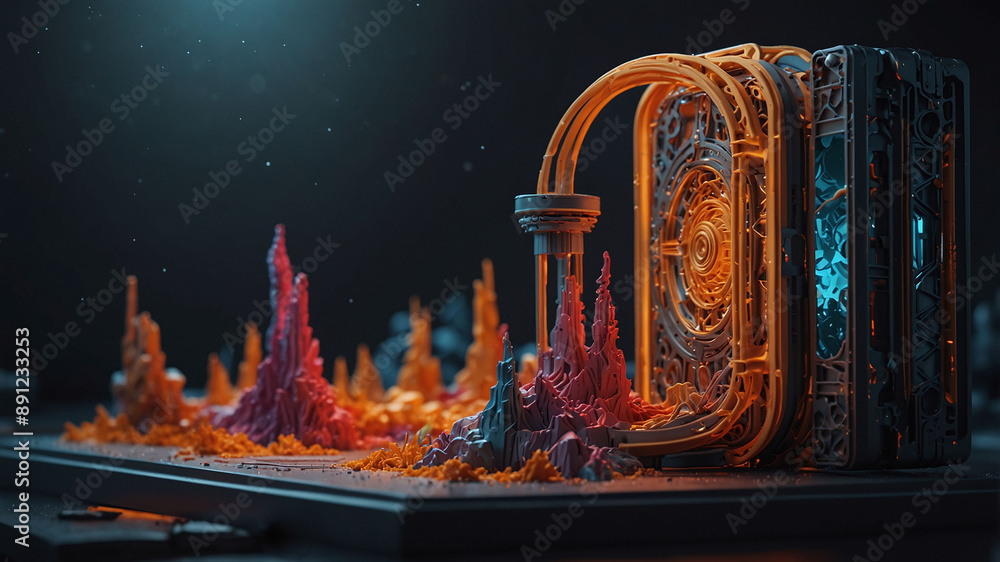 Poster intricate 3d-printed structure with futuristic design and colorful geometric shapes