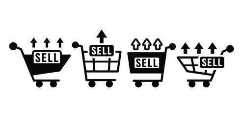 shopping cart with arrow up sell symbol icon vector design black white color illustration collection set