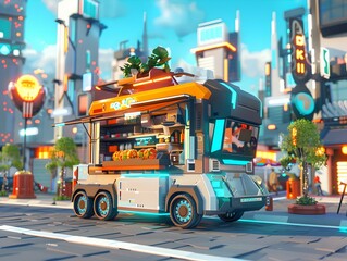 Urban Gastronomy: Futuristic BBQ Food Truck Delights in 3D Cityscape