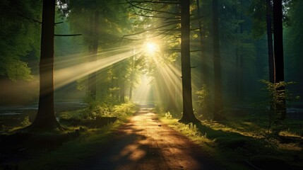 Naklejka premium Sunbeams through trees in a misty forest.