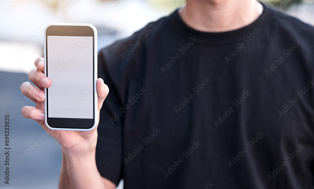 Poster phone, screen and hands of person with online connection for social media, digital community and com