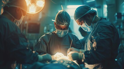 Surgeons performing a complex surgery in a sterile operating room with advanced equipment and focused teamwork under bright surgical lights.