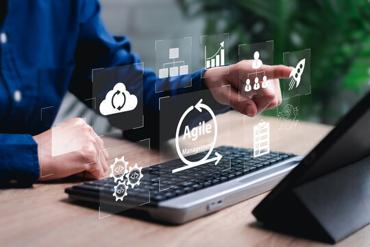 Agile software development management concept, Businesswomen use tablets learn management to various management processes product development lifecycle ,Process, workflow, visual organization tools