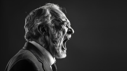 Profile of an irate senior businessman, shouting loudly with an expressive face. Monochrome background, dramatic scene