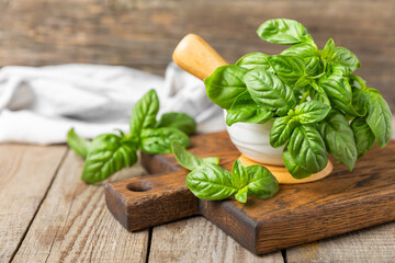 Fresh green basil in a mortar on a textured wooden background. Organic spices and herbs. Vegan. Fresh kitchen herbs. Fresh basil being made into pesto with mortar and pestle.Copy space. Place for text