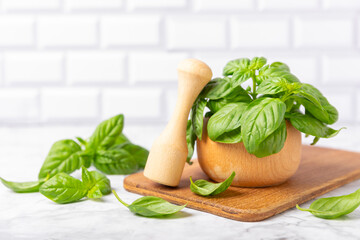 Fresh green basil in a mortar on a textured wooden background. Organic spices and herbs. Vegan. Fresh kitchen herbs. Fresh basil being made into pesto with mortar and pestle.Copy space. Place for text