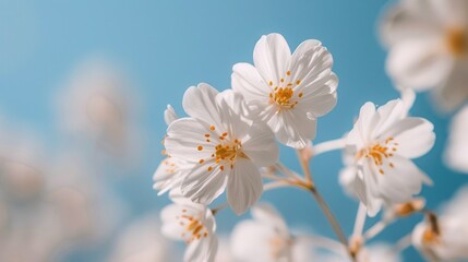 Obraz premium Close-up of a tiny white flower blooming against a blue sky background, highlighting purity and simplicity